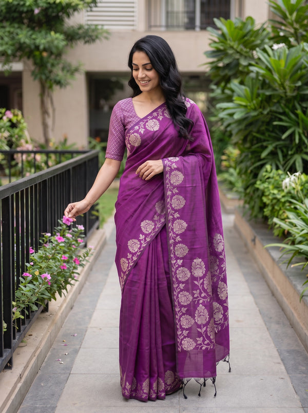 Cotton Silk Purple Saree with Golden Zari Floral Weave Pallu