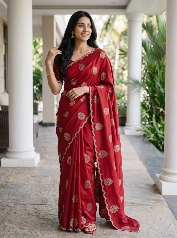 Vichitra Silk Maroon Golden Floral Scalloped Border Saree