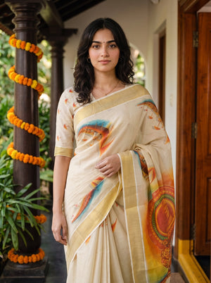 Cotton Cream Kerala Mural Traditional Print Kerala Kasavu Saree