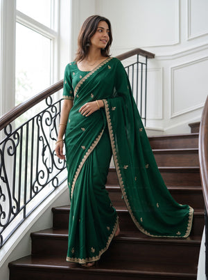 Chiffon Bottle Green Saree with Golden Bead Floral Butta and Scalloped Sequin Border