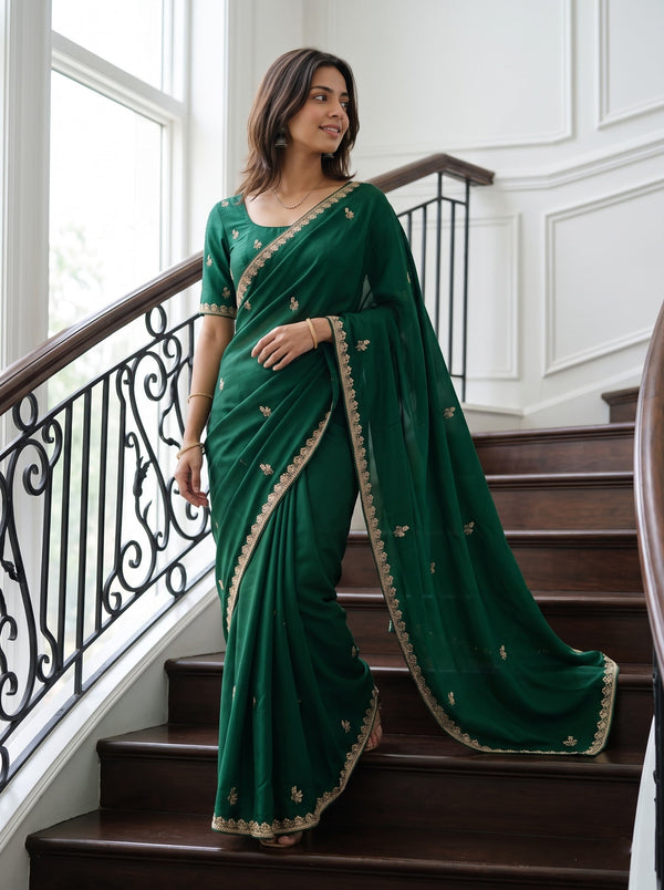 Chiffon Bottle Green Saree with Golden Bead Floral Butta and Scalloped Sequin Border