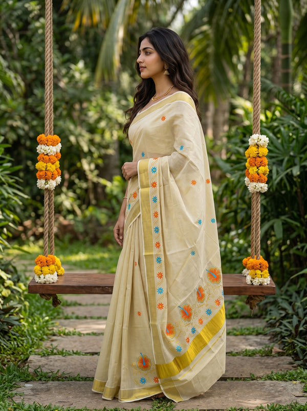Tissue Cream Hibiscus Embroidery  with Golden Border Onam Special Kerala Saree