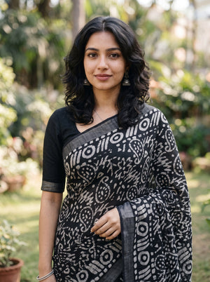 Linen Black White Batik Print Saree with Grey Border