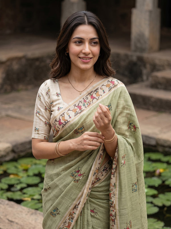 Semi Tussar Sage Green Warli Tribal Print Saree