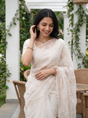 Organza Ivory Saree with Self-Tone Floral Vine Embroidery