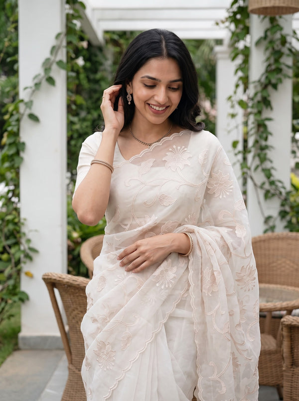 Organza Ivory Saree with Self-Tone Floral Vine Embroidery