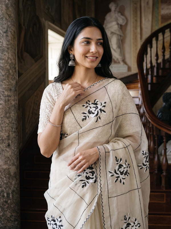 Organza Chiku Saree with Black Checkered Rose Sequin Print