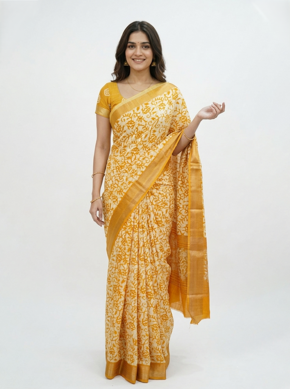 Soft Cotton Mustard Yellow Floral Vine Print Saree with Zari Border