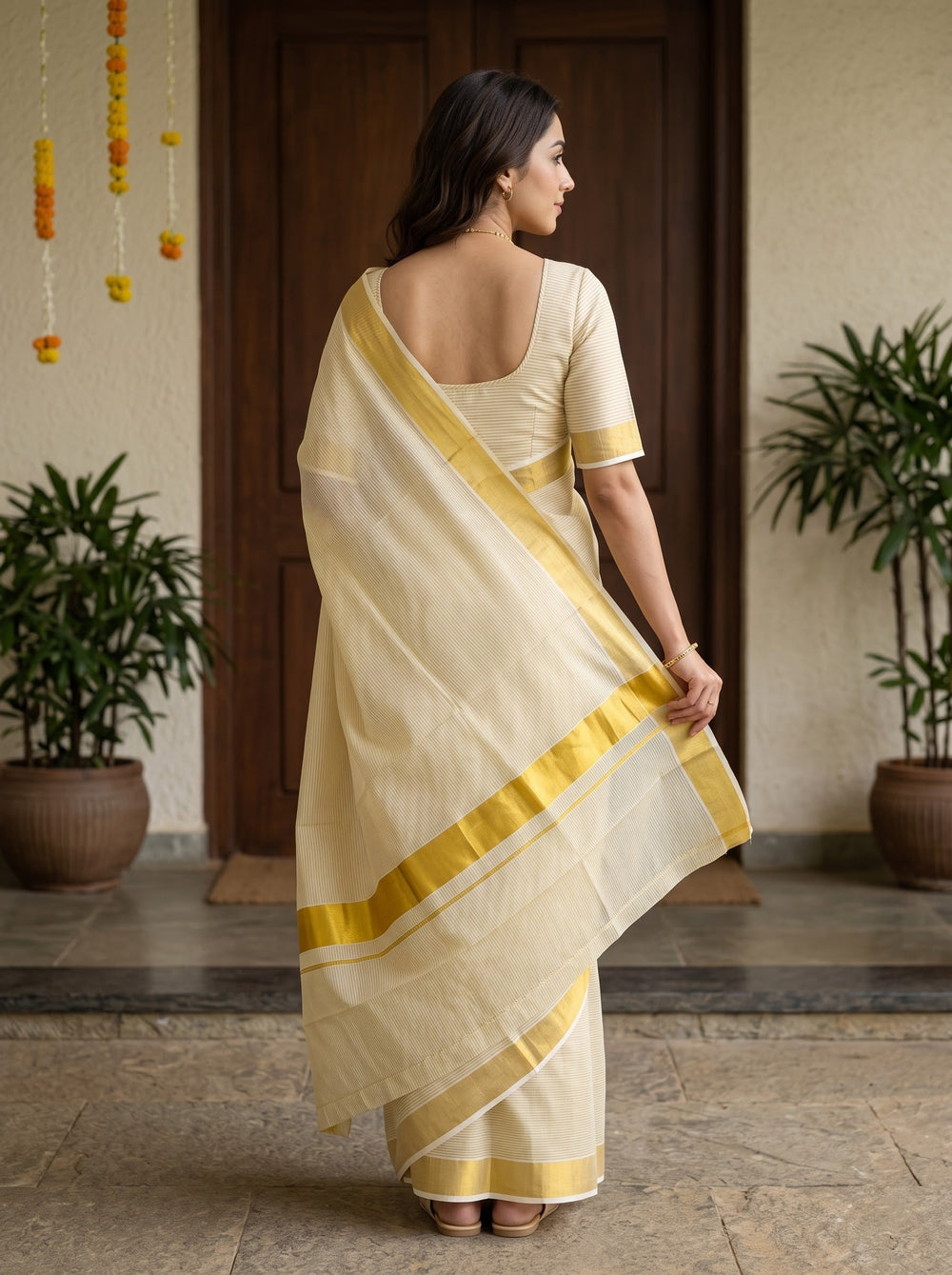A woman wearing a cream-colored cotton saree with yellow border stripes, standing in front of a doorway decorated with orange marigold garlands.
