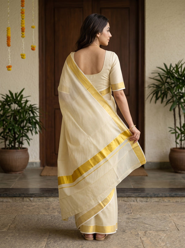 Cotton Cream White Striped Solid Golden Border Onam Kerala Saree