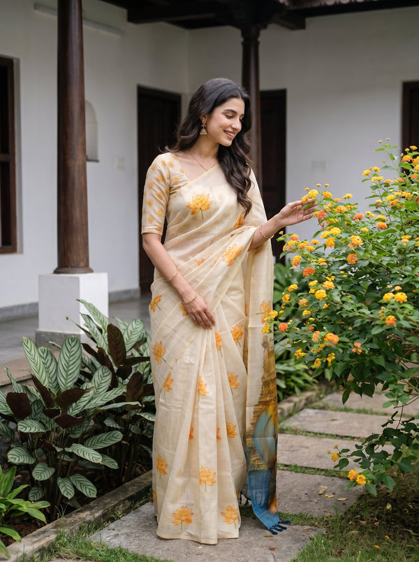 A woman wearing a cream-colored saree with yellow floral prints and a blue border, standing in a garden courtyard next to yellow flowers.