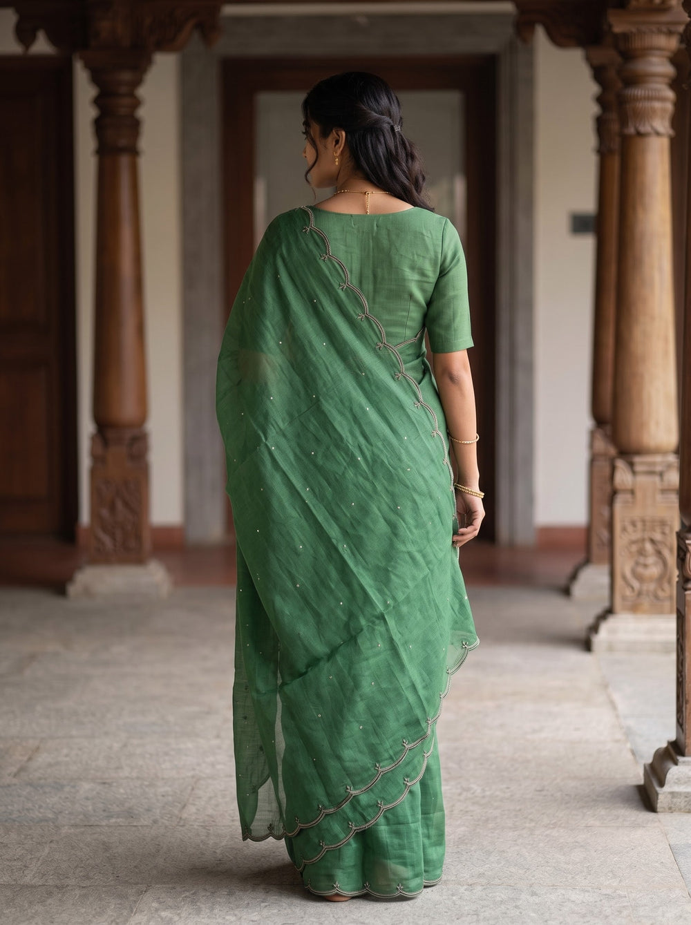 Tussar Green Saree with Scattered Dot Embellishments