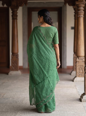 Tussar Green Saree with Scattered Dot Embellishments