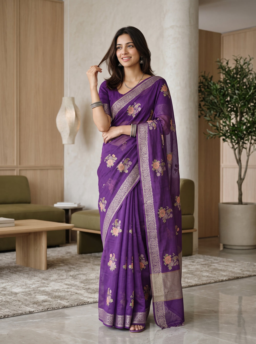 Chanderi Cotton Purple Saree with Scattered Rose Bouquet Print