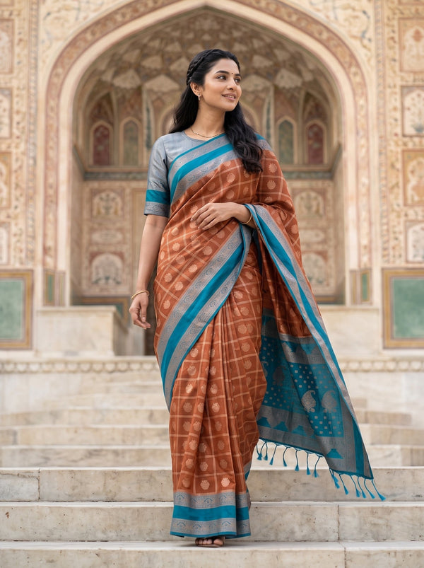 Semi Silk Burnt Orange Checkered Peacock Blue Paisley Saree
