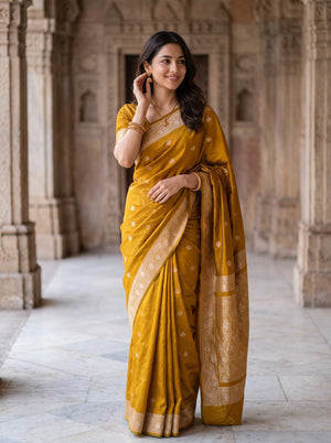 Banarasi Mustard Yellow Saree with Golden Floral Motifs and Intricate Zari Border & Pallu