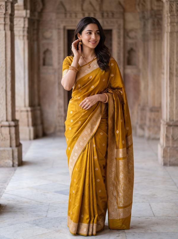 Banarasi Mustard Yellow Saree with Golden Floral Motifs and Intricate Zari Border & Pallu