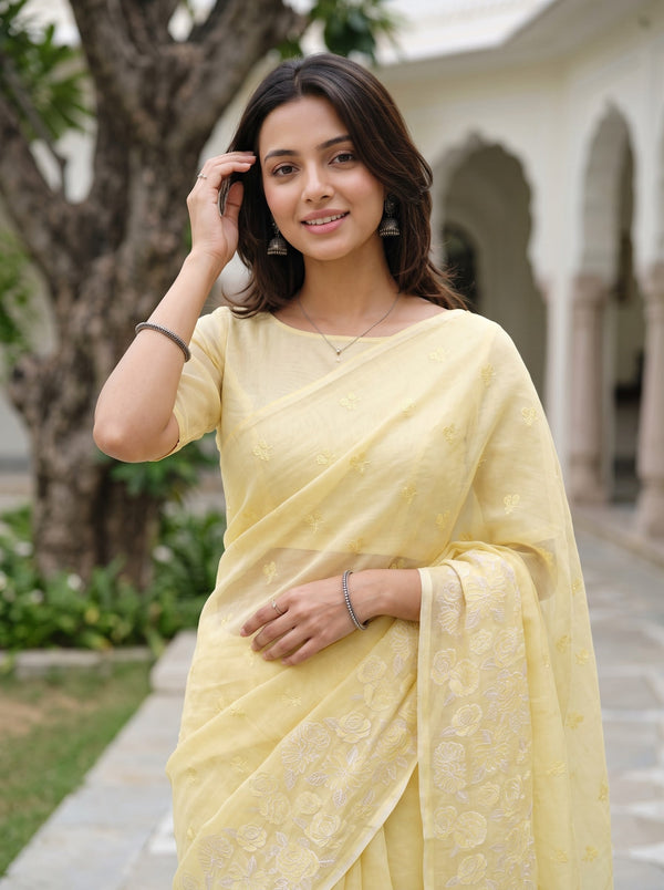 Pure Chanderi Yellow Saree with White Floral Embroidery