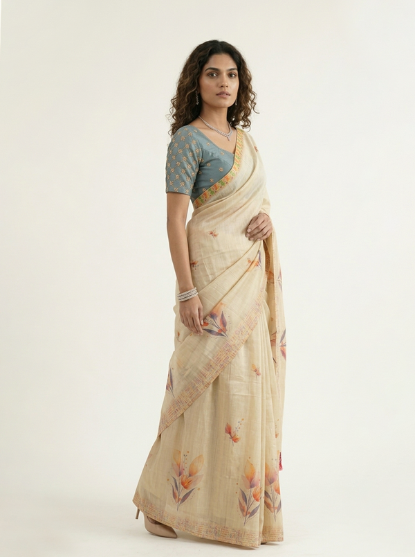 Tissue Silk Cream Watercolor Floral Print Set Saree with Woven Border