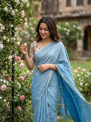 Semi Tussar Sea Blue Saree with Golden Check Grid