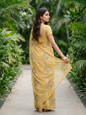 Net Kota Mustard White Warli Tribal Embroidery Saree