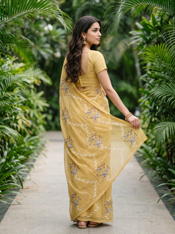 Net Kota Mustard White Warli Tribal Embroidery Saree