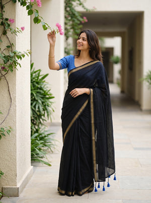 Cotton Black Saree with Golden Zari Striped Border and Tassels