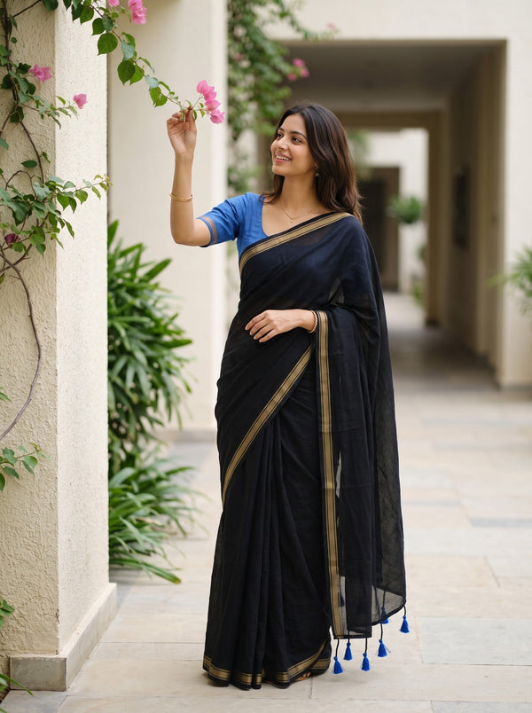 Cotton Black Saree with Golden Zari Striped Border and Tassels
