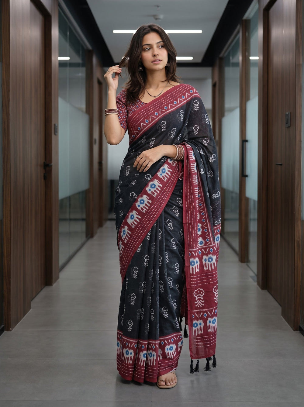 Cotton Black Saree with Ikat Elephant Print Maroon Pallu