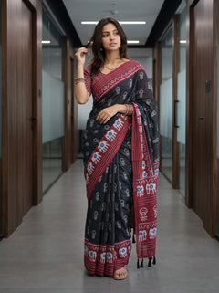 Cotton Black Saree with Ikat Elephant Print Maroon Pallu