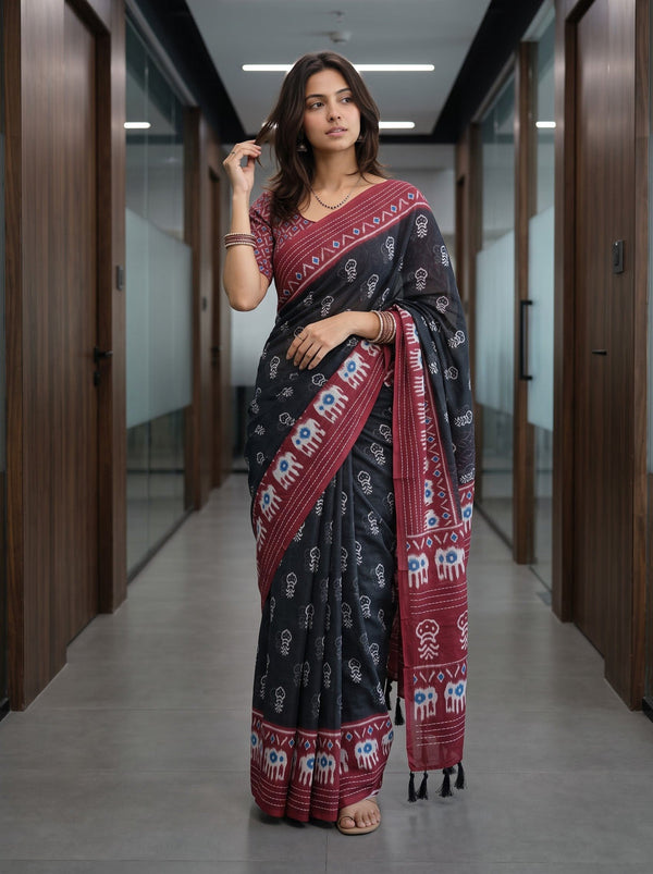 Cotton Black Saree with Ikat Elephant Print Maroon Pallu