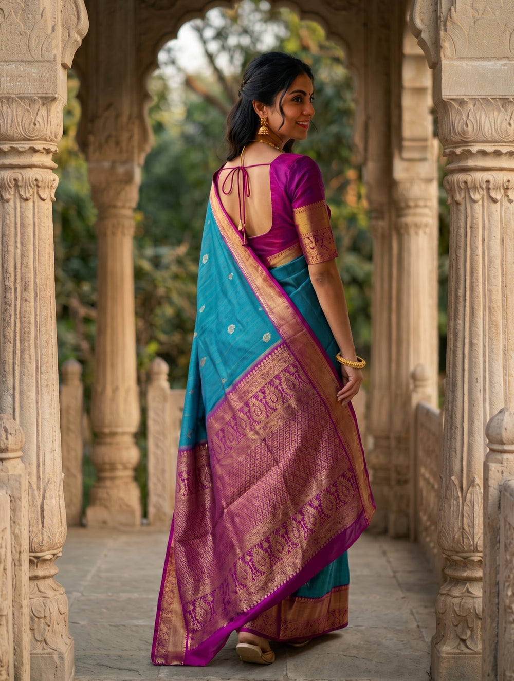 Pure Silk Peacock Blue Saree with Golden Zari Peacock Motif Pallu