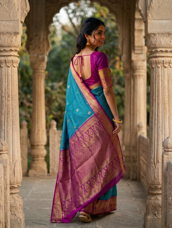 Pure Silk Peacock Blue Saree with Golden Zari Peacock Motif Pallu