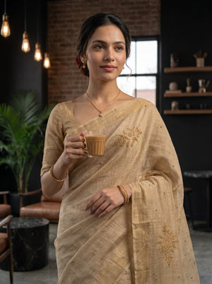 Linen Beige Saree with Golden Beadwork Floral Vine Motifs and Tasseled Pallu