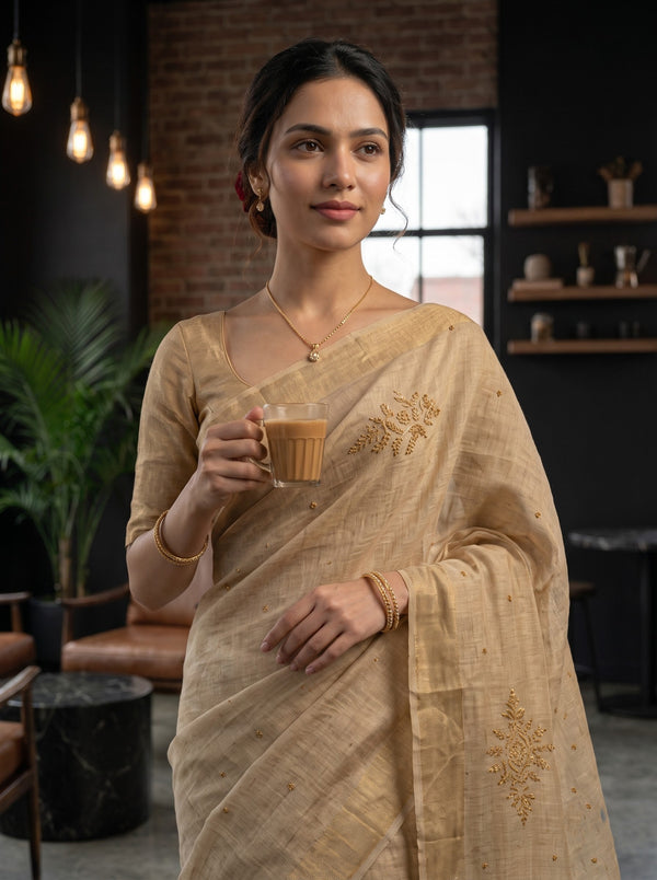 Linen Beige Saree with Golden Beadwork Floral Vine Motifs and Tasseled Pallu
