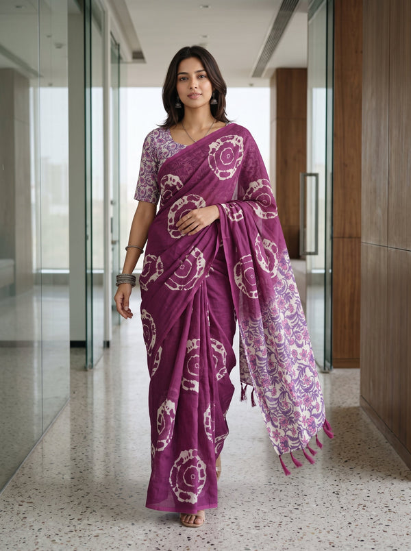 Cotton Magenta Saree with Purple Floral Vine Pallu