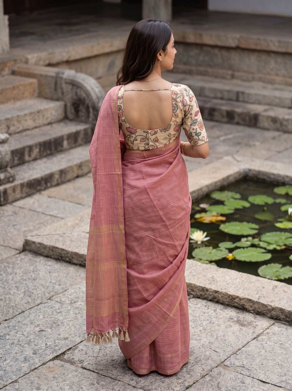 Semi Tussar Pink Golden Striped Saree