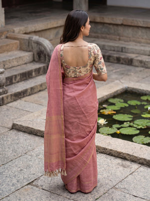 Semi Tussar Pink Golden Striped Saree