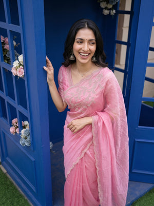 Organza Pink Scalloped Golden Beaded Border Saree