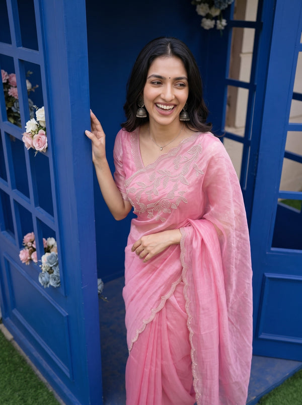 Organza Pink Scalloped Golden Beaded Border Saree