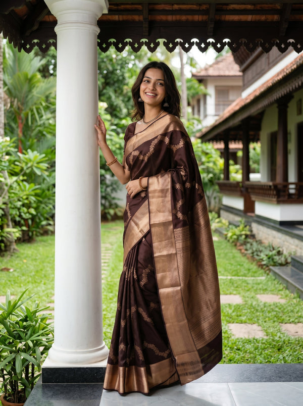 Kanjivaram Silk Dark Brown Floral Wave Pattern Saree with Rose Gold Zari Border