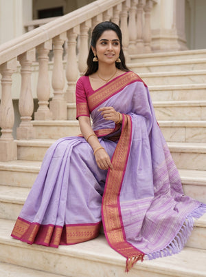 Semi Silk Lavender Golden Pinstripe Saree with Pink Zari Border