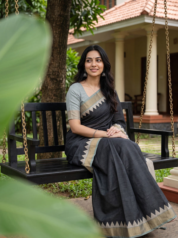 Semi Jute Silk Black Striped Saree with Cream Zigzag Temple Border and Tassels