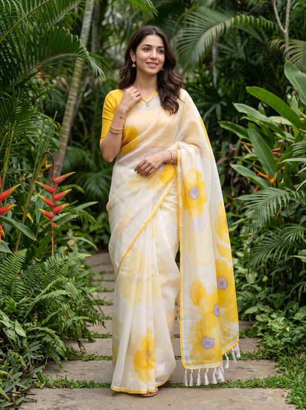 Cotton White Yellow Watercolor Floral Saree