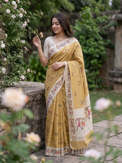 Semi Tussar Mustard Warli Tribal Print Saree
