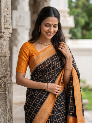 Banarasi Silk Black Orange Contrast Pallu Checkered Saree