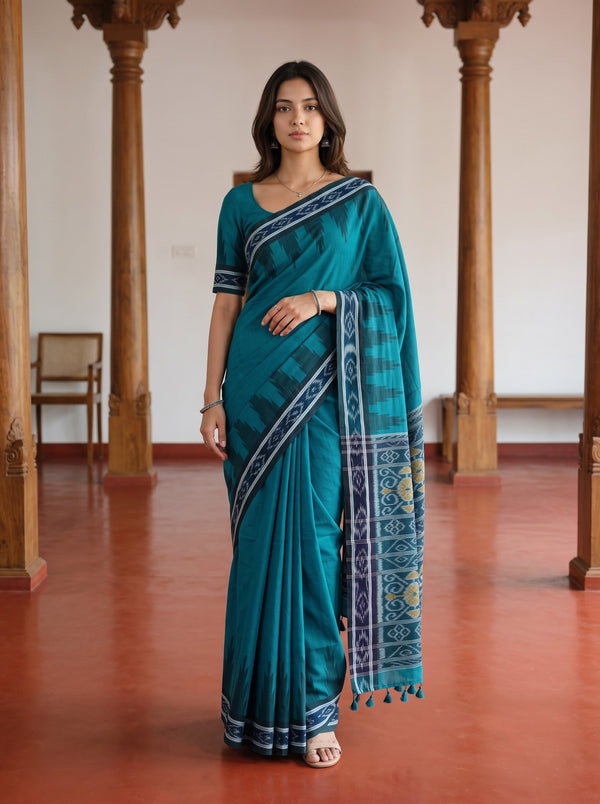 Cotton Teal Navy Ikat Rosette Medallion Border Tasseled Saree