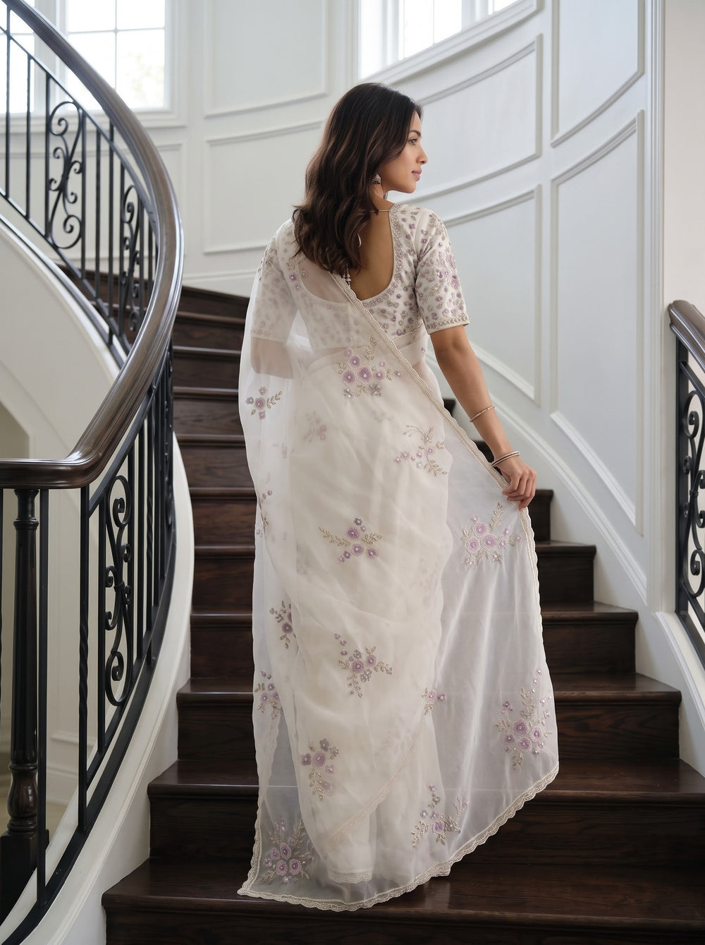 Organza Ivory Lavender Floral Bead Embroidered Saree