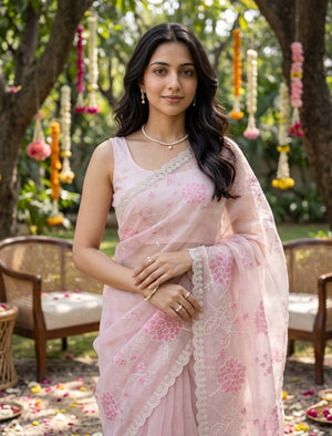 Organza Light Blush Pink Floral Embroidered Saree