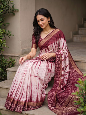 Chanderi Cotton Silk Maroon White Shibori Batik Border Saree with Zari Trim